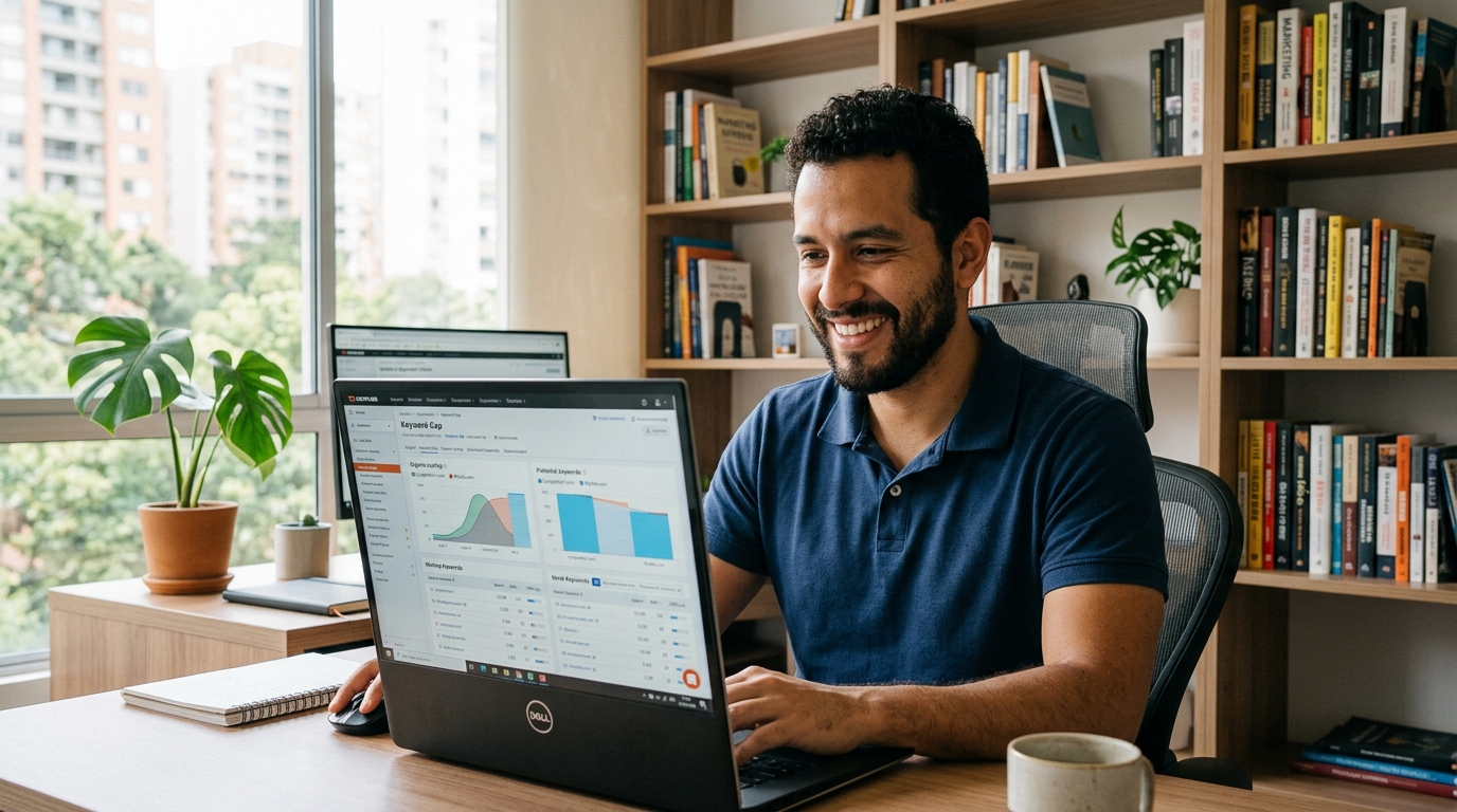 Latin American SEO virtual assistant analyzing a Semrush keyword gap report, nearshore VA hire in 2026