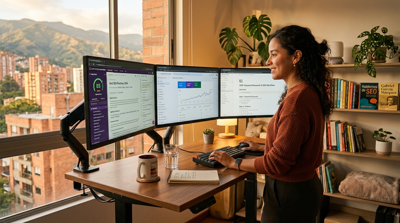Nearshore SEO virtual assistant using Surfer SEO and Google Search Console workflow at a standing desk in 2026