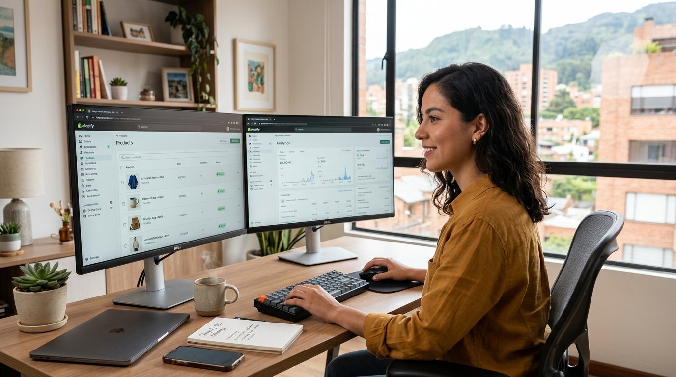 Nearshore Shopify VA managing a Shopify store dashboard on dual monitors in a modern Latin American home office