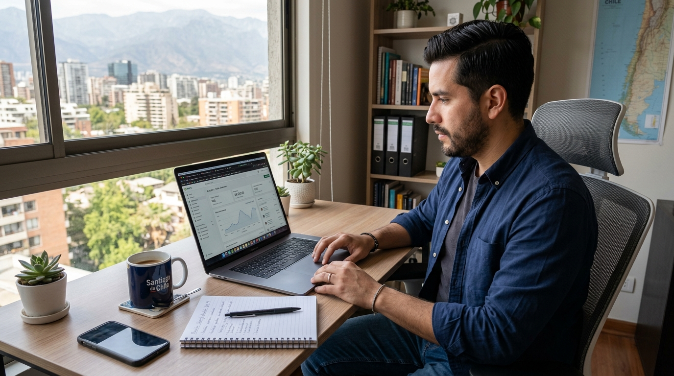 Nearshore Shopify VA reviewing order analytics on a laptop in a Santiago Chile home office