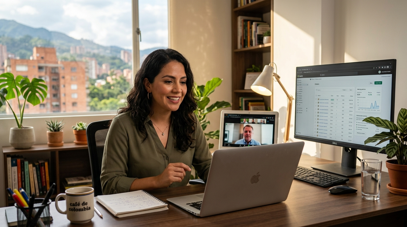Nearshore Shopify VA on a video call with a US ecommerce client while managing Shopify admin on a second monitor