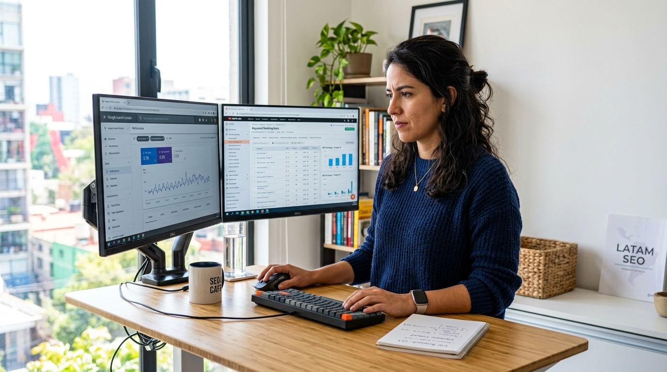 Latin American vetted SEO specialist reviewing keyword rankings on dual monitors in a bright modern home office