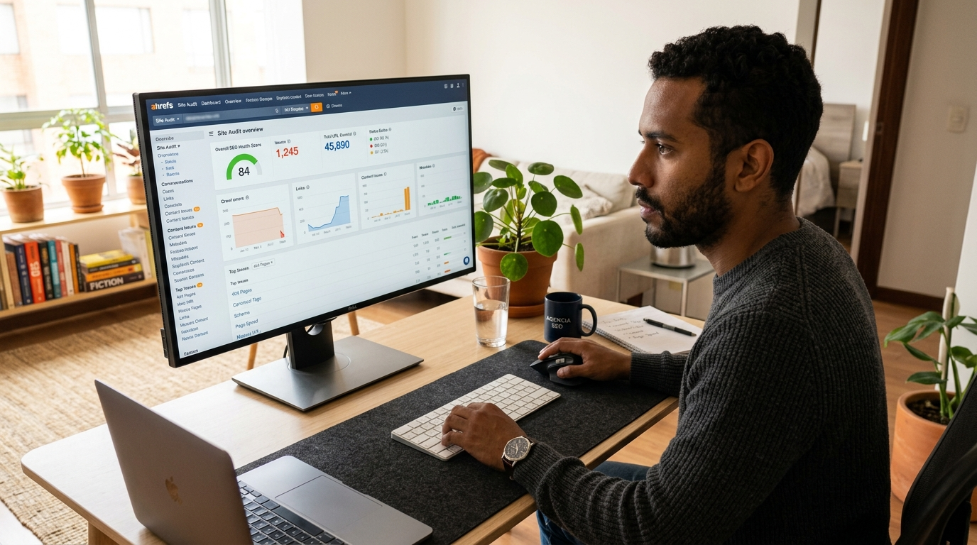 Latin American vetted SEO specialist auditing a website using Ahrefs on a large monitor in a bright workspace