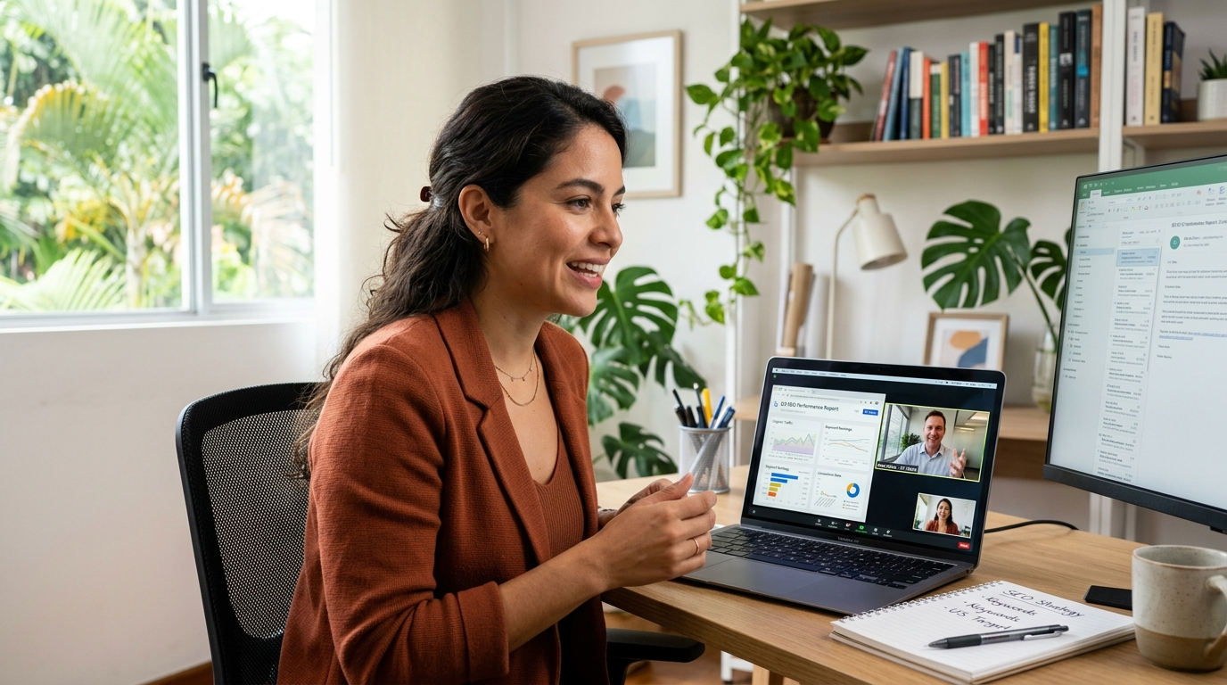 Nearshore vetted SEO specialist in a video call with a US client, reviewing an SEO performance report on screen