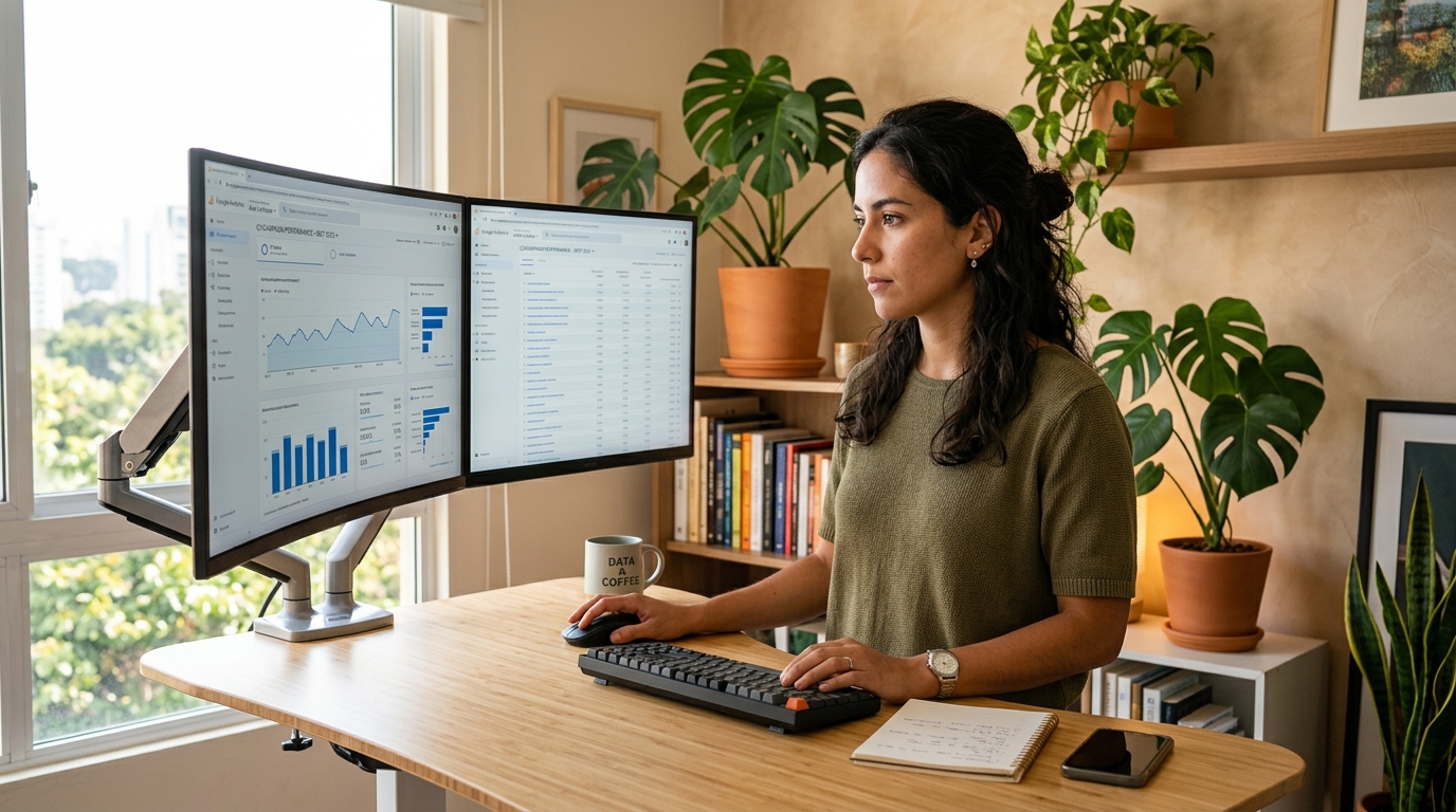 Latin American marketing virtual assistant reviewing UK campaign analytics on dual monitors in a bright modern home office