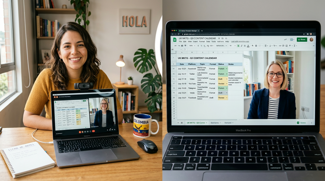 Nearshore marketing virtual assistant on a video call collaborating with a UK marketing team on a content calendar
