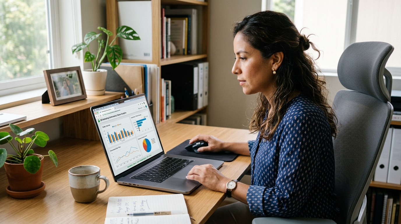 Nearshore marketing VA securely reviewing campaign analytics data on a laptop in a professional home office environment