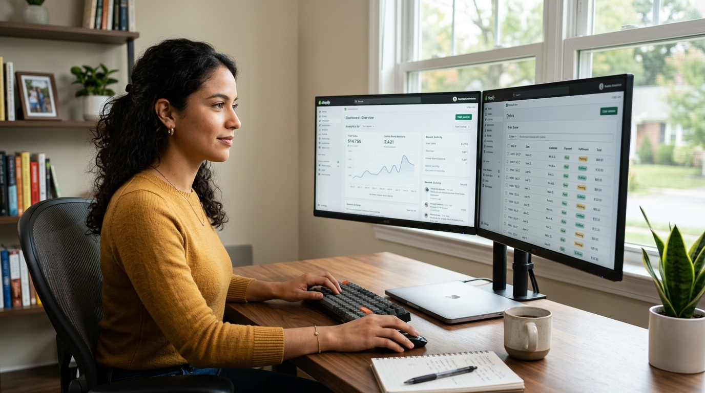 Latin American virtual assistant managing a Shopify store dashboard and order queue from a bright home office setup