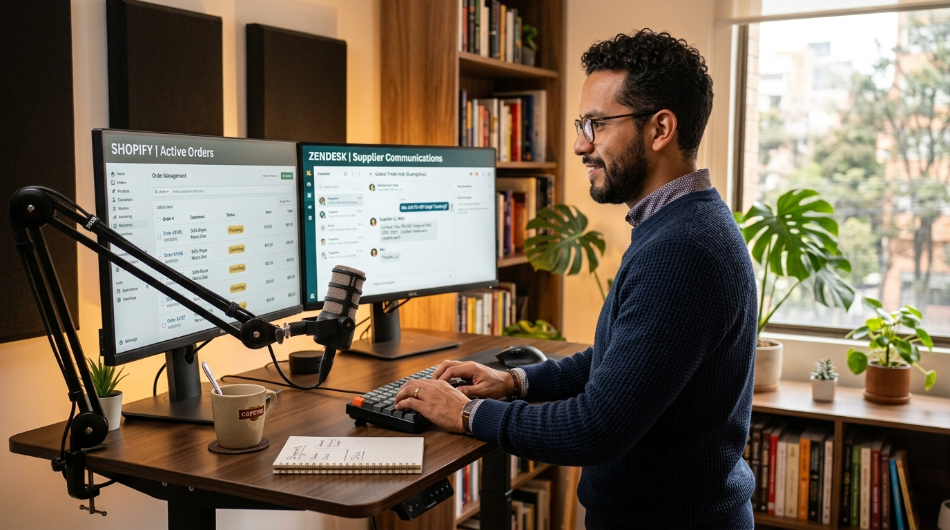 Nearshore Shopify virtual assistant managing order fulfillment and supplier coordination on dual monitors