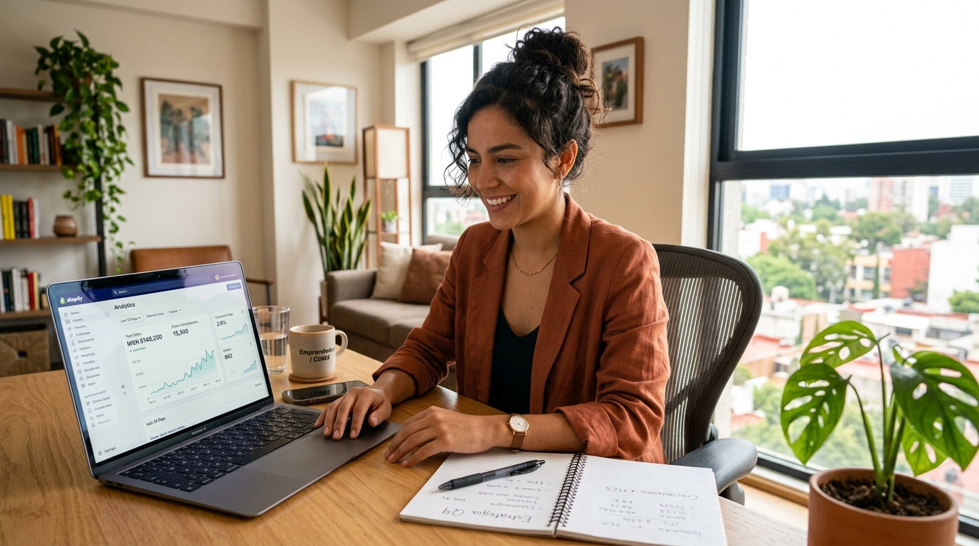 Nearshore Shopify virtual assistant reviewing store analytics and performance reports on a laptop in a bright workspace