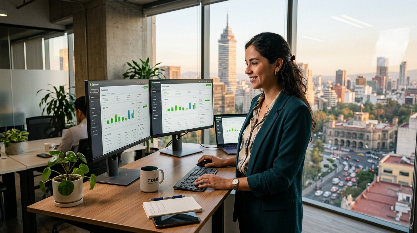 Latin American virtual assistant reviewing QuickBooks dashboard at a modern home office — hire virtual assistants Latin America 2026