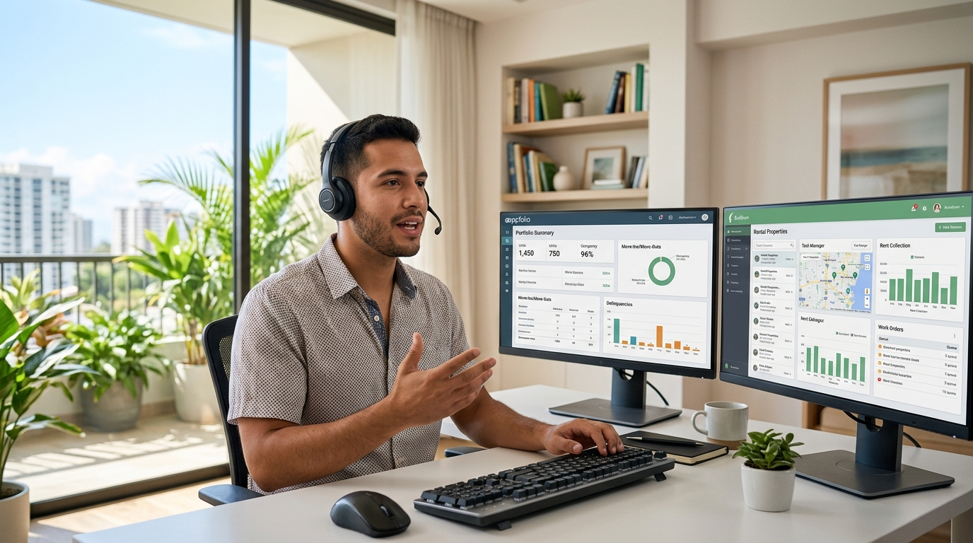 Nearshore Latin American VA on a live call while managing AppFolio property dashboard — hire virtual assistants Latin America