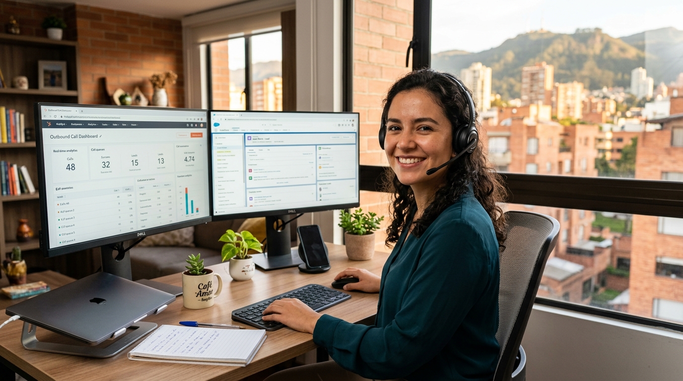 Latin American nearshore virtual SDR working at home office with CRM dashboard visible on screen, representing hire virtual SDR model in 2026