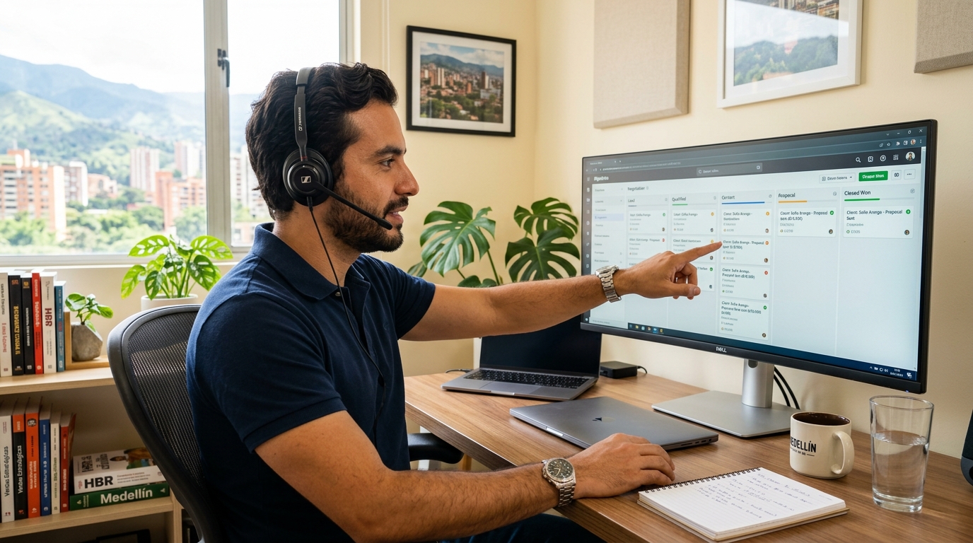 Nearshore Latin American virtual SDR reviewing outbound pipeline in CRM, representing hire virtual SDR cost comparison 2026