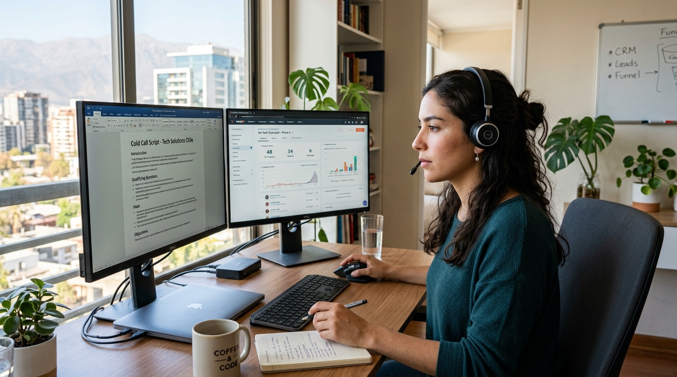 Nearshore virtual SDR onboarding with CRM and call script on dual monitors, illustrating hire virtual SDR ramp process 2026