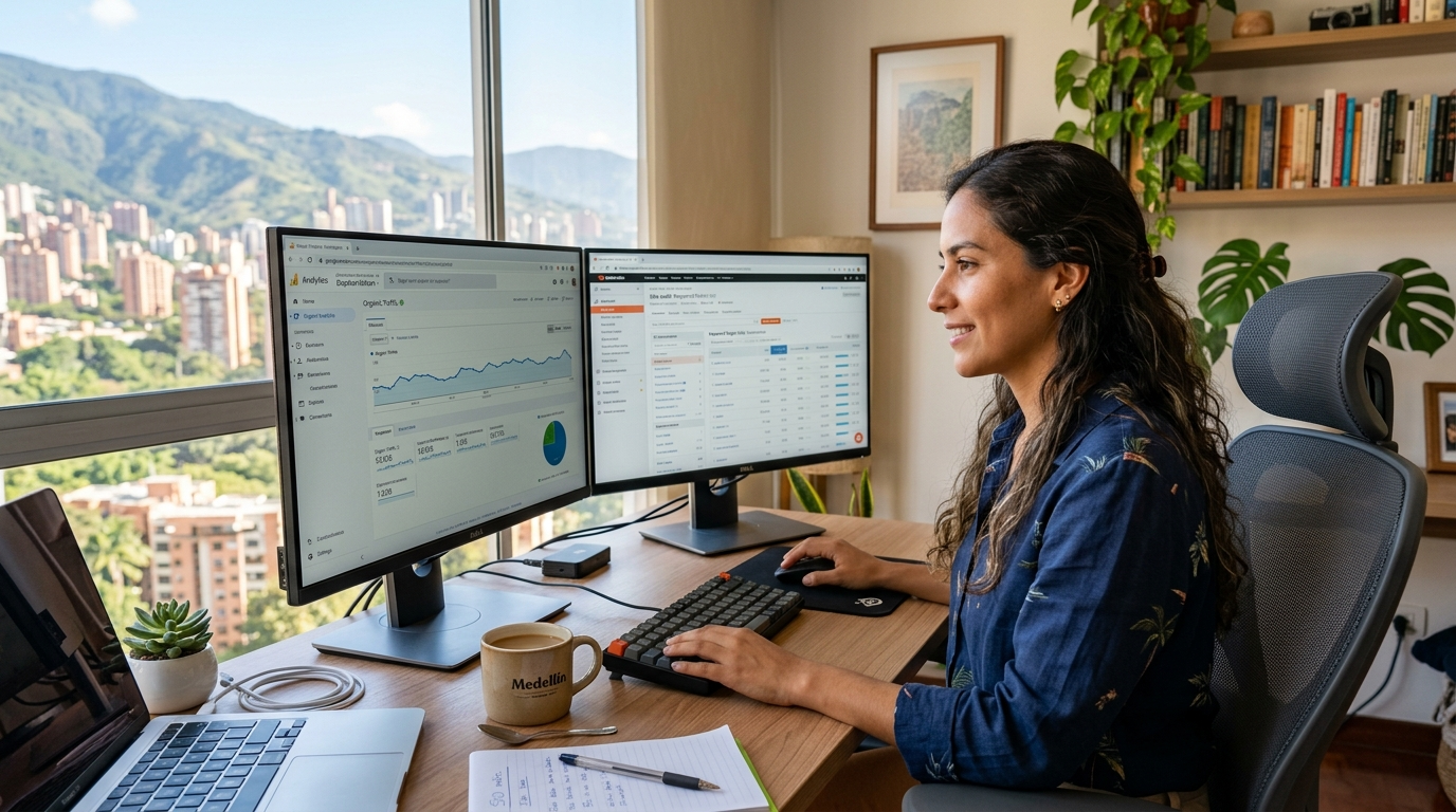Nearshore virtual SEO professional reviewing keyword rankings and site analytics on dual monitors in a Latin American home office