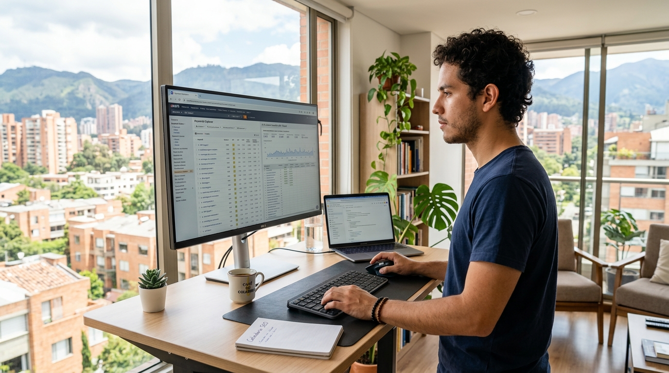 Virtual SEO professional in Latin America building a keyword content calendar in Ahrefs on a large monitor