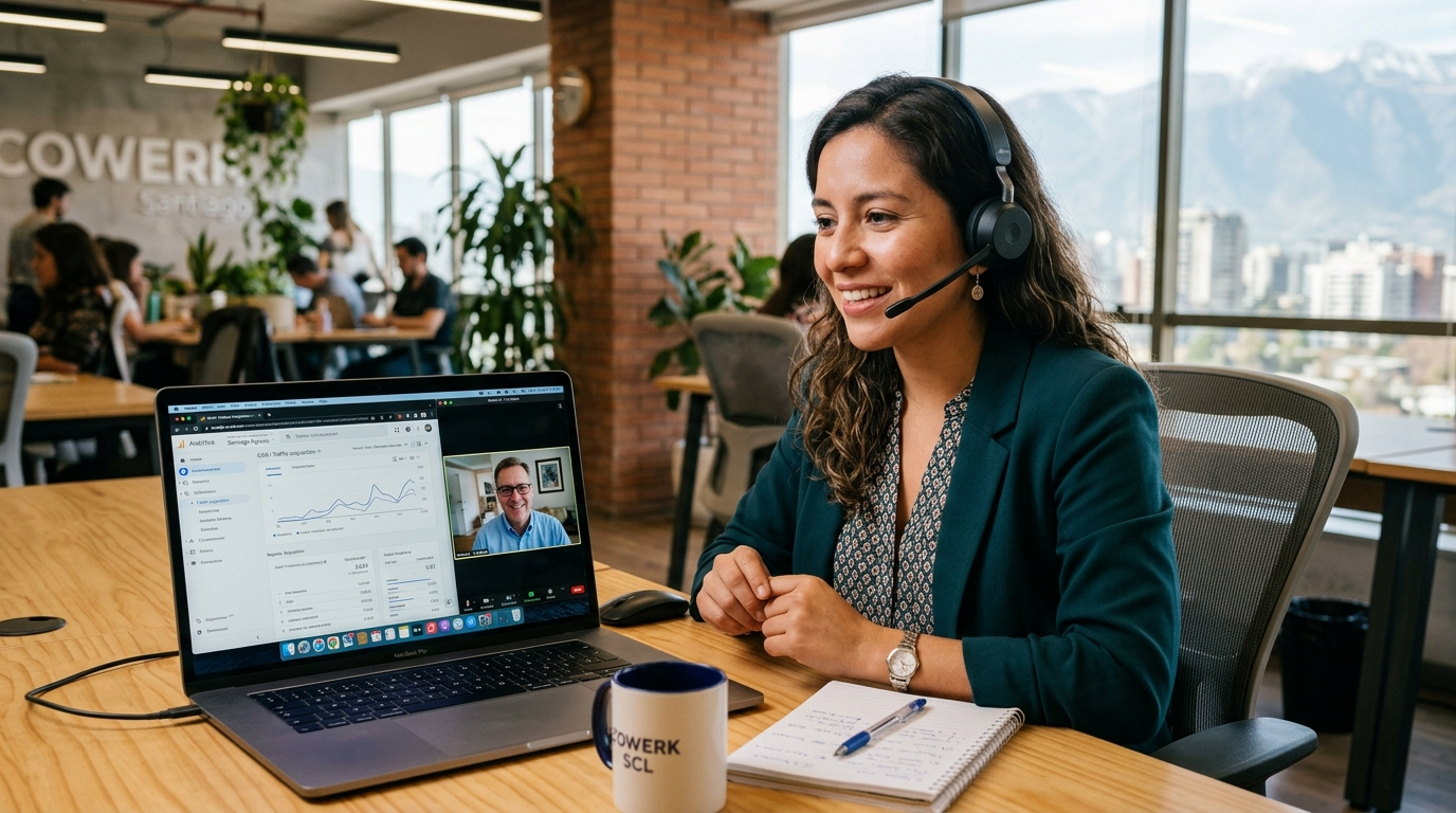 Nearshore virtual SEO professional on a live video strategy call with a US client, GA4 dashboard visible on screen