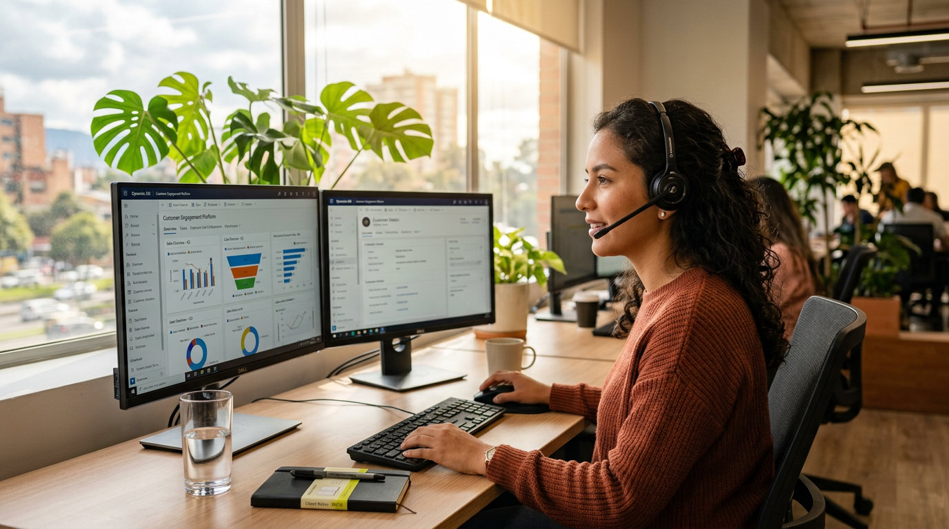 Nearshore Latin American virtual staff member working full-time for an Edinburgh business, reviewing a CRM dashboard on dual monitors
