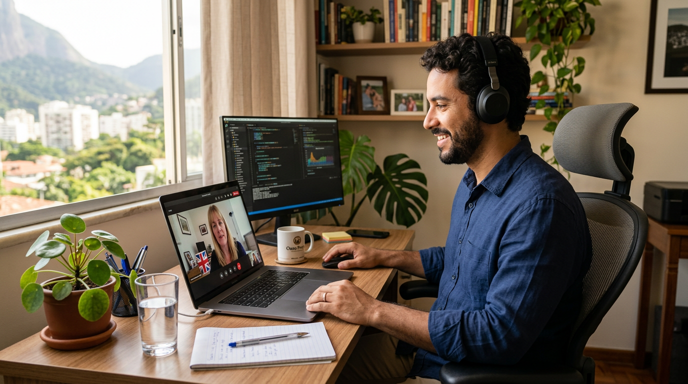 Nearshore virtual staff member on a video call with an Edinburgh business client, working aligned business hours from Latin America