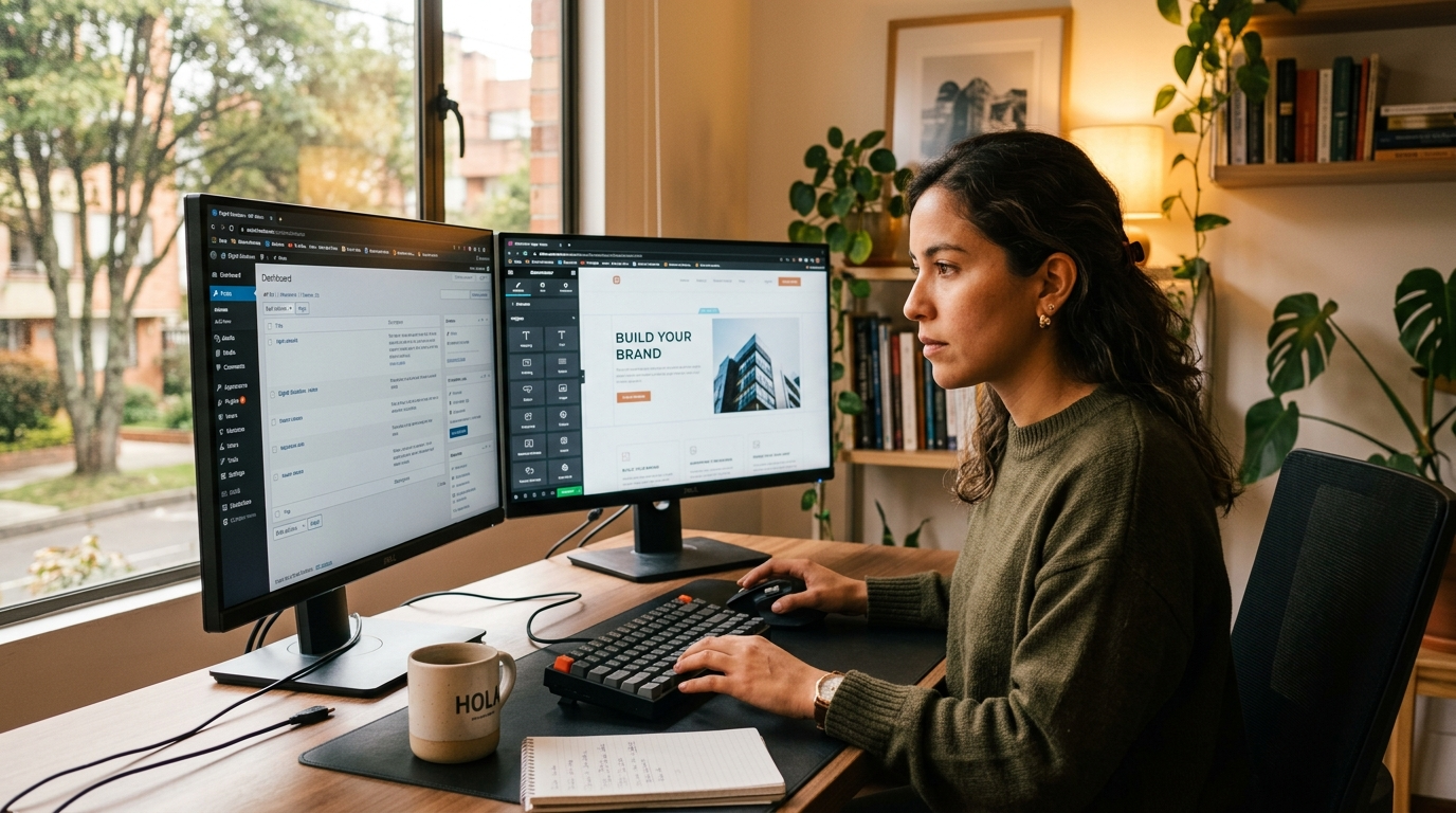 Latin American WordPress virtual assistant working on a WordPress dashboard in a bright home office in 2026