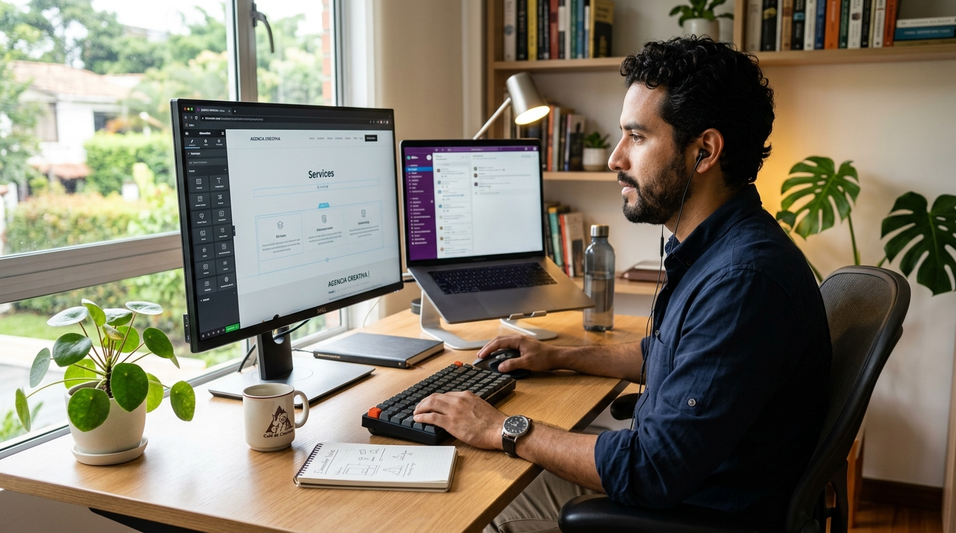 WordPress virtual assistant in Latin America building a landing page in Elementor on a large monitor