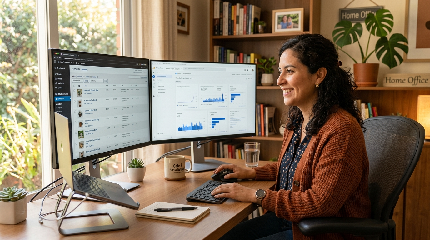 WordPress VA managing a WooCommerce store and reviewing Google Analytics 4 data from a Latin American home office