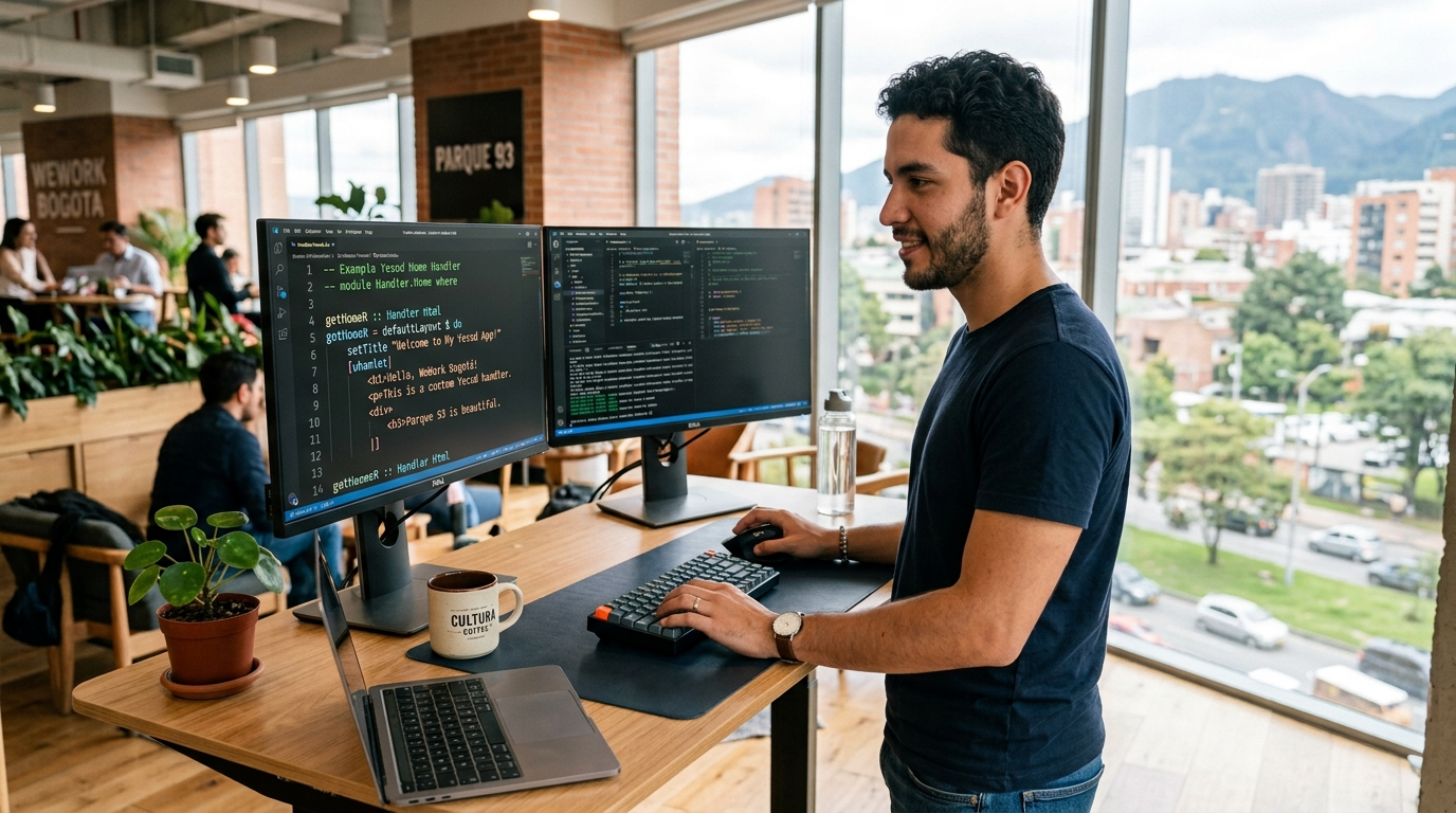 Latin American Yesod developer writing Haskell code at a dual-monitor workstation in a modern Bogotá co-working space