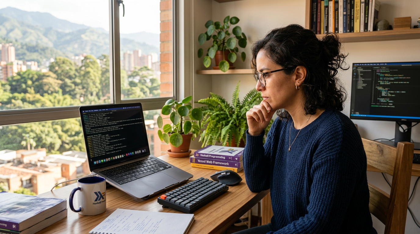 Nearshore Yesod developer reviewing Haskell terminal output on a laptop in a sunlit Latin American home office