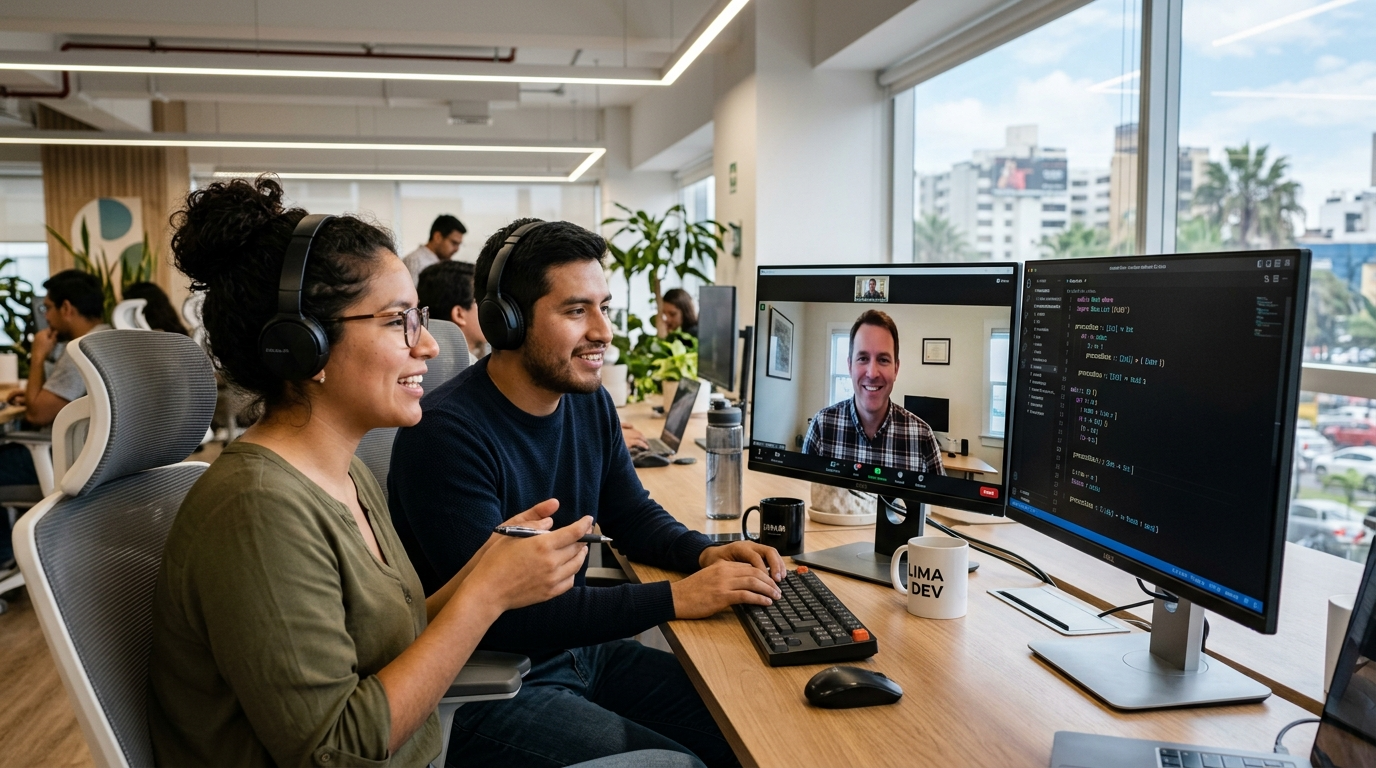 Nearshore Yesod developers in Lima video-calling a US client with Haskell code on screen, professional office setting
