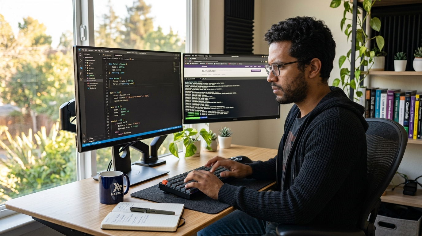 Nearshore Yesod engineer working at a dual-monitor home office setup in Latin America, writing Haskell code in 2026