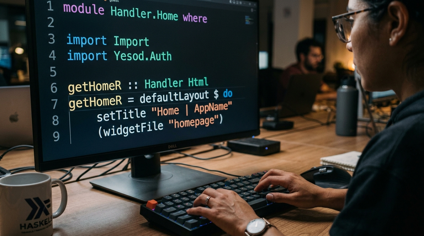 Latin American Yesod engineer reviewing type-safe Haskell code in a modern IDE during a remote work session