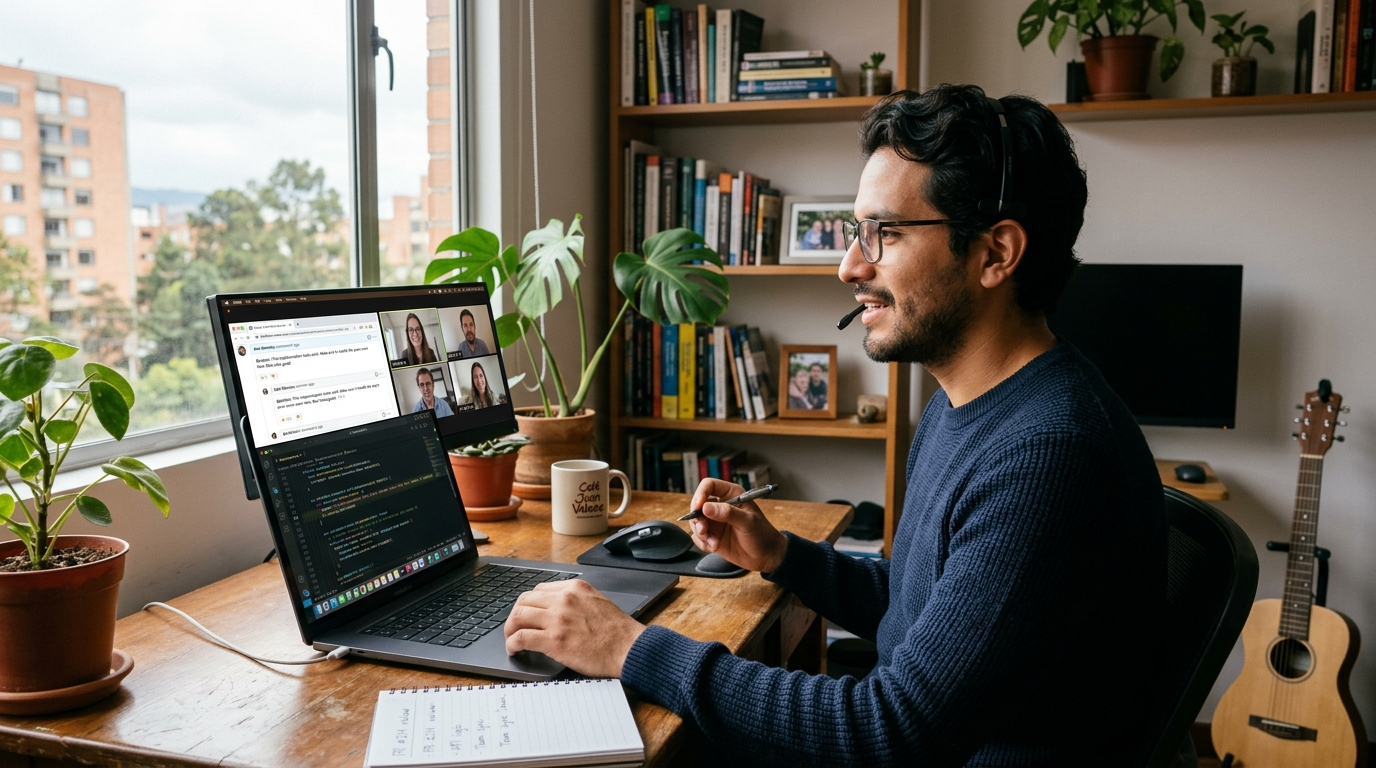Nearshore Yesod engineer on a video standup with a US development team, reviewing pull request comments in real time