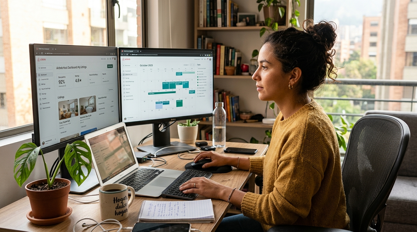 Latin American virtual assistant managing Airbnb and VRBO listings on dual monitors in a bright home office in 2026
