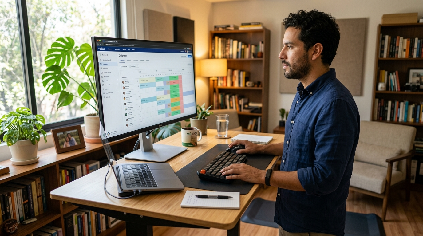 Nearshore virtual assistant reviewing VRBO calendar and booking dashboard on a large monitor in a Latin American home office