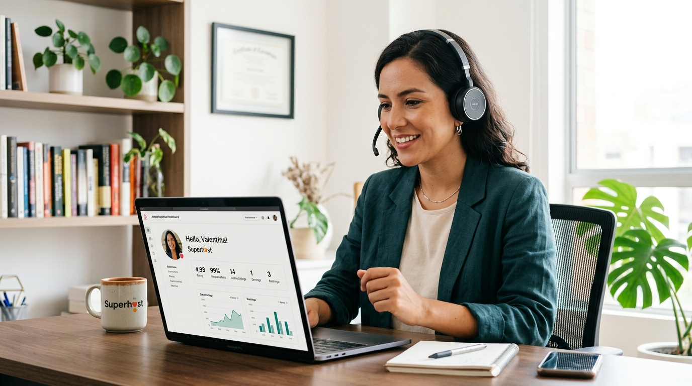 Nearshore Airbnb virtual assistant on a guest support call, Superhost dashboard visible on laptop screen, Latin American home office