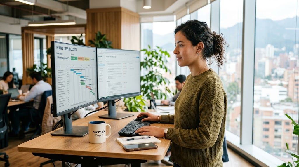 Latin American virtual assistant reviewing hiring timeline benchmarking data on dual monitors in a modern co-working office, 2026.