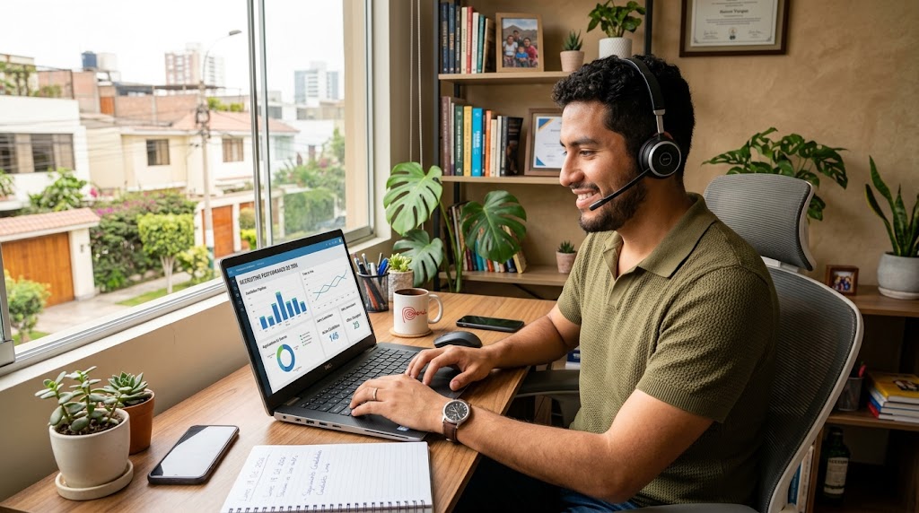Nearshore virtual assistant in Lima reviewing hiring timeline benchmarking metrics on a laptop in a bright home office