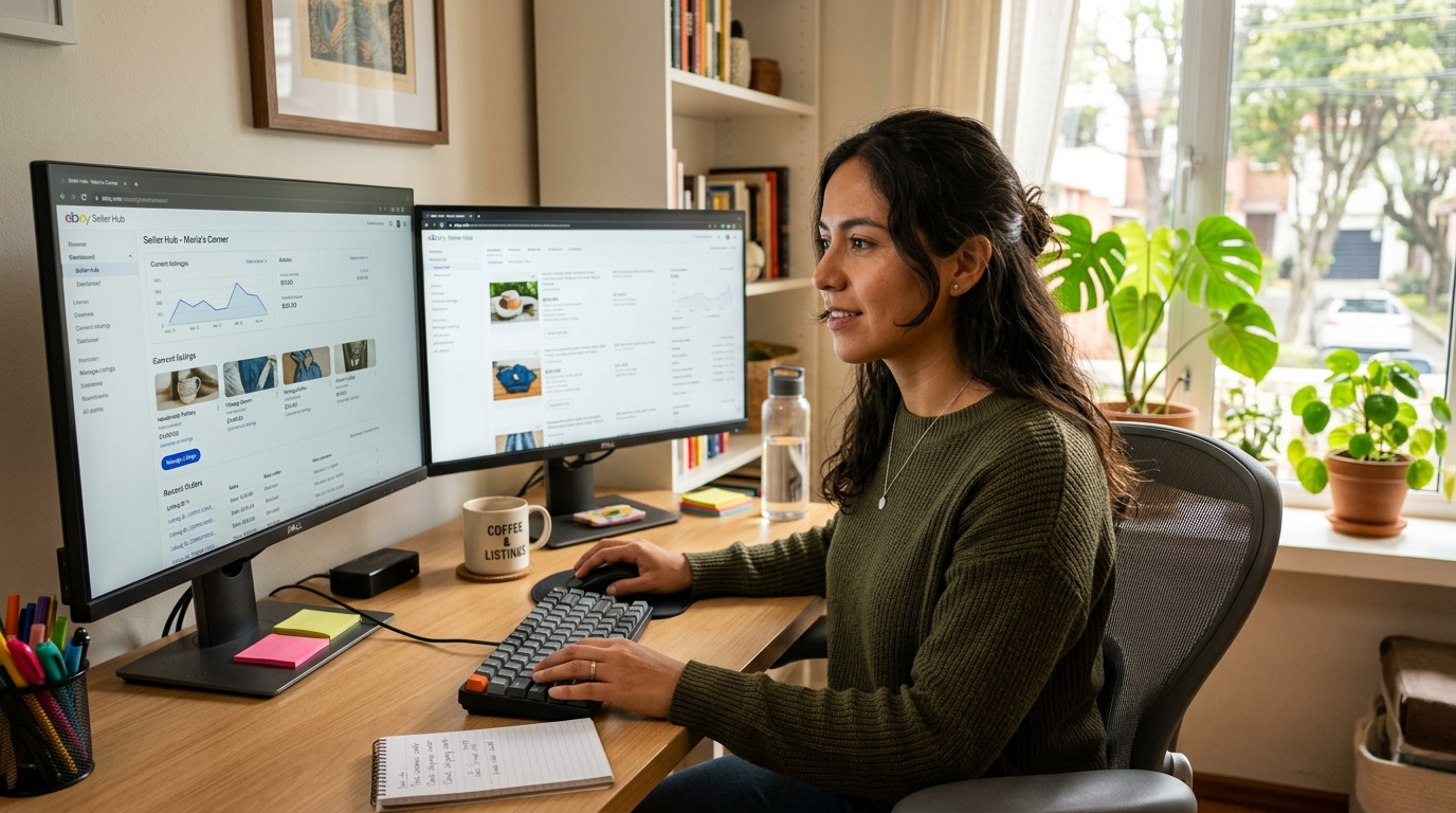 Nearshore virtual eBay assistant reviewing seller hub listings on dual monitors in a bright Latin American home office