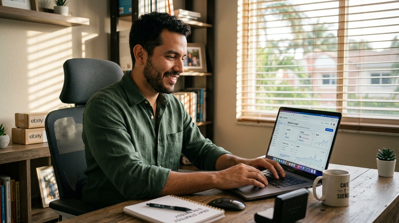 Virtual eBay assistant managing seller hub listings on a laptop in a Latin American home office, afternoon light