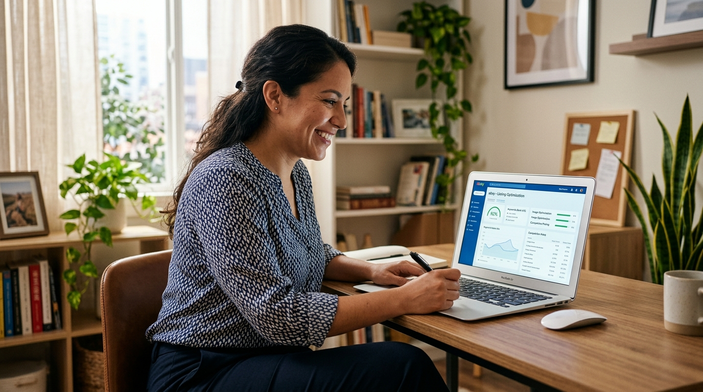 Nearshore virtual eBay assistant optimizing product listings on eBay Seller Hub, smiling at laptop in home office