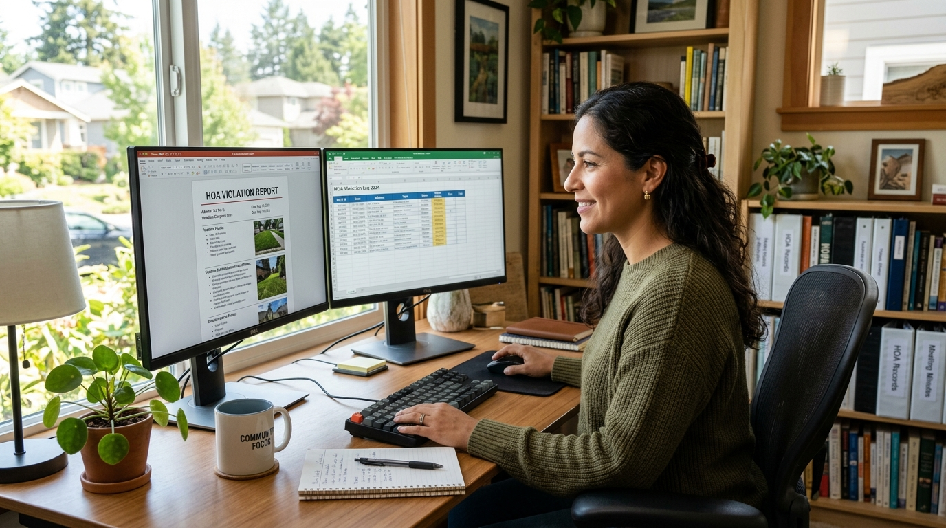 HOA management virtual assistant reviewing community violation reports on dual monitors at a Latin American nearshore workspace
