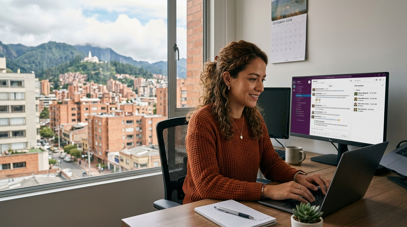 Nearshore virtual assistant in Bogotá working US business hours on Slack, illustrating time zone overlap with US teams in 2026