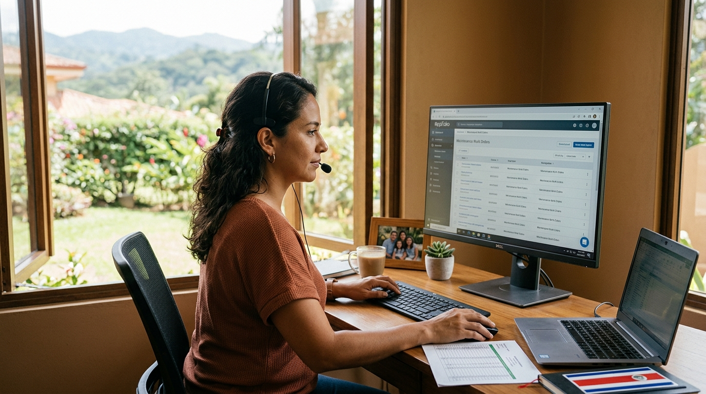Nearshore virtual assistant coordinating property maintenance work orders on AppFolio dashboard at a home office in Latin America
