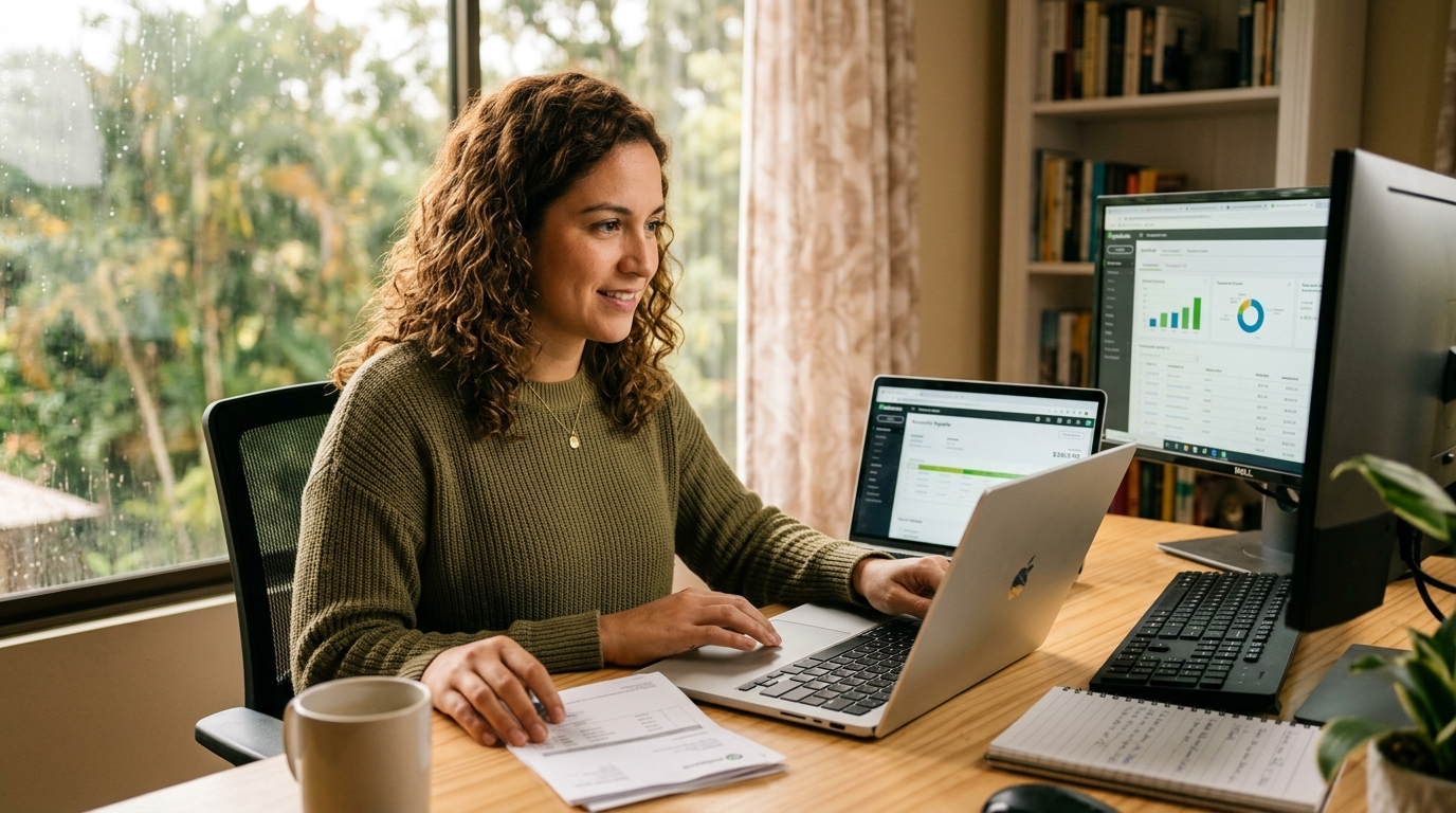 Nearshore virtual bookkeeper reviewing accounts payable invoices on QuickBooks dashboard during US business hours