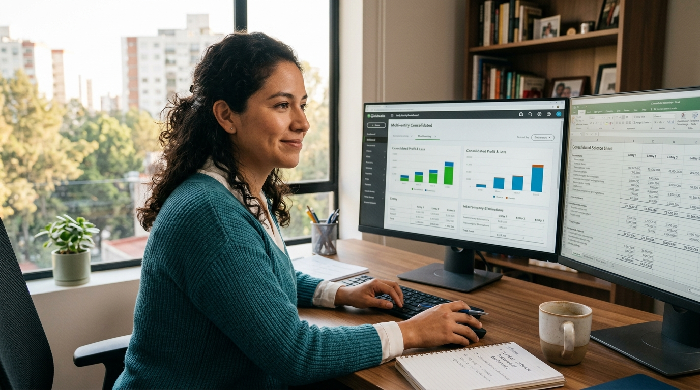 Nearshore virtual bookkeeper reviewing multi-entity QuickBooks dashboard for consolidated financial reporting across multiple business entities