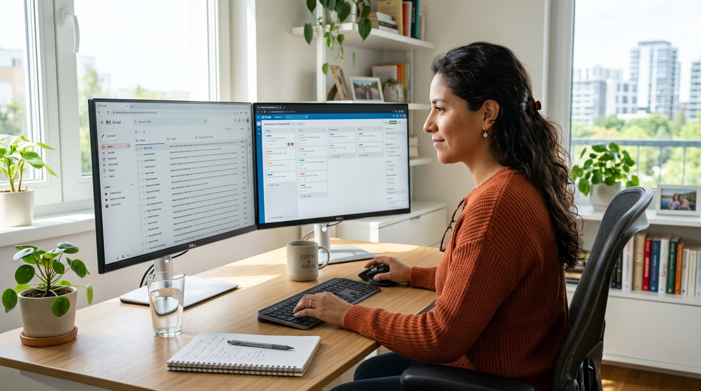 Nearshore virtual EA managing inbox triage and email management on dual monitors in a Latin American home office