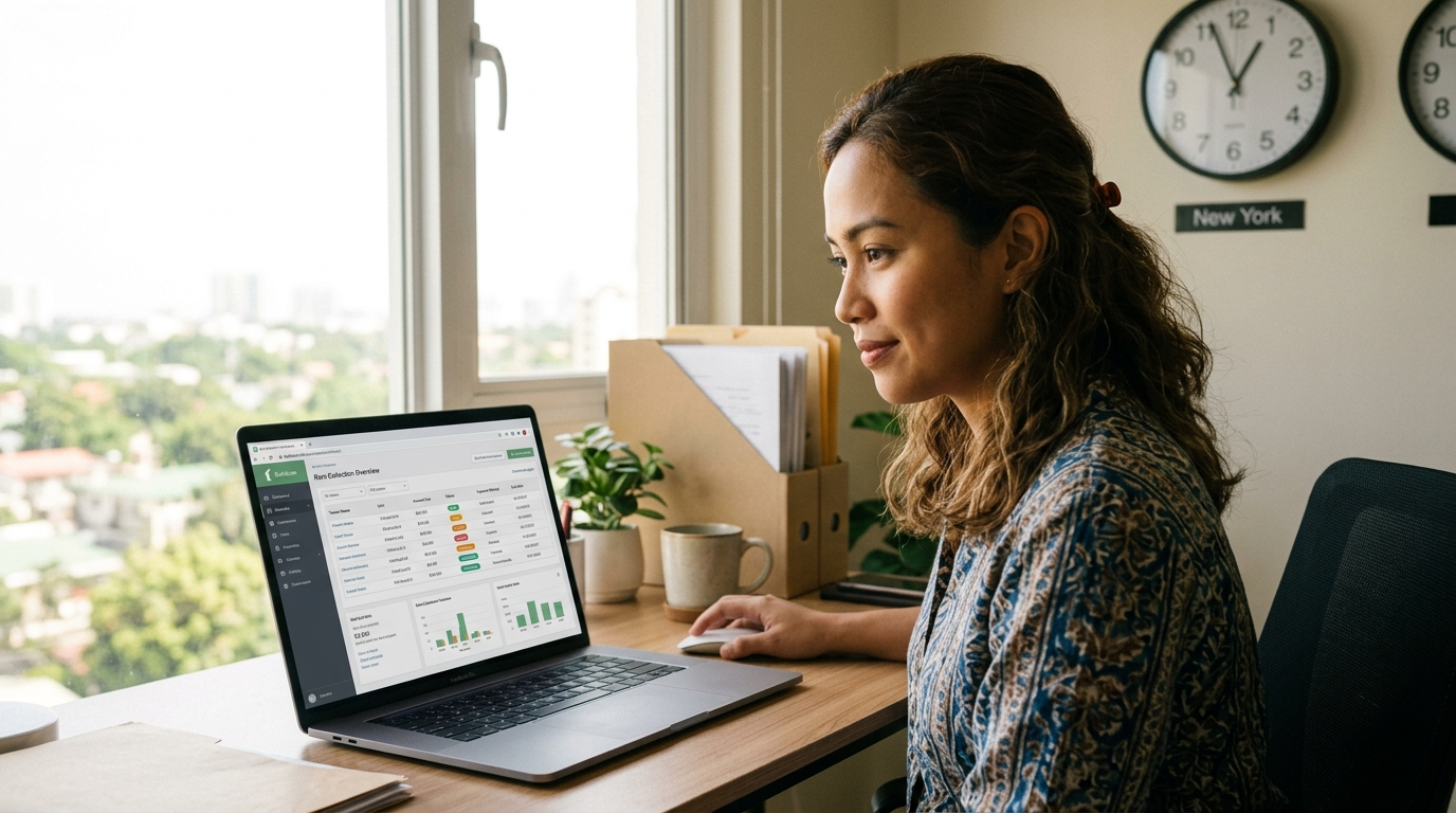 Nearshore virtual assistant reviewing rent collection dashboard in Buildium during US business hours