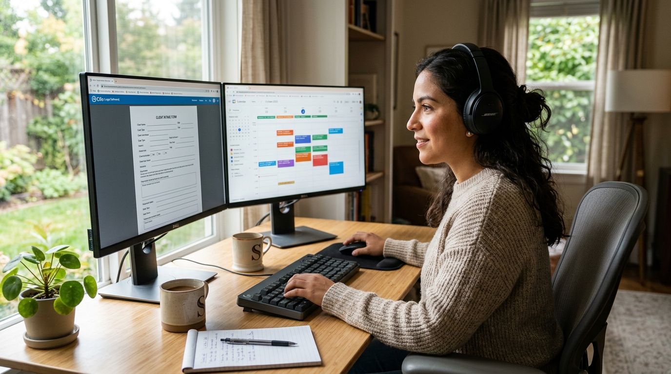 Nearshore virtual paralegal handling client intake on Clio case management software during US business hours, dual monitors visible