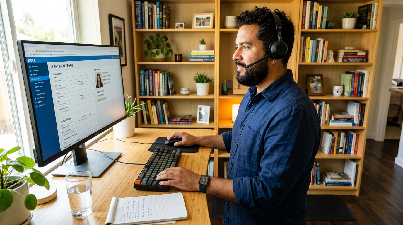 Virtual paralegal reviewing client intake form on monitor during a real-time intake call, nearshore legal staffing workflow